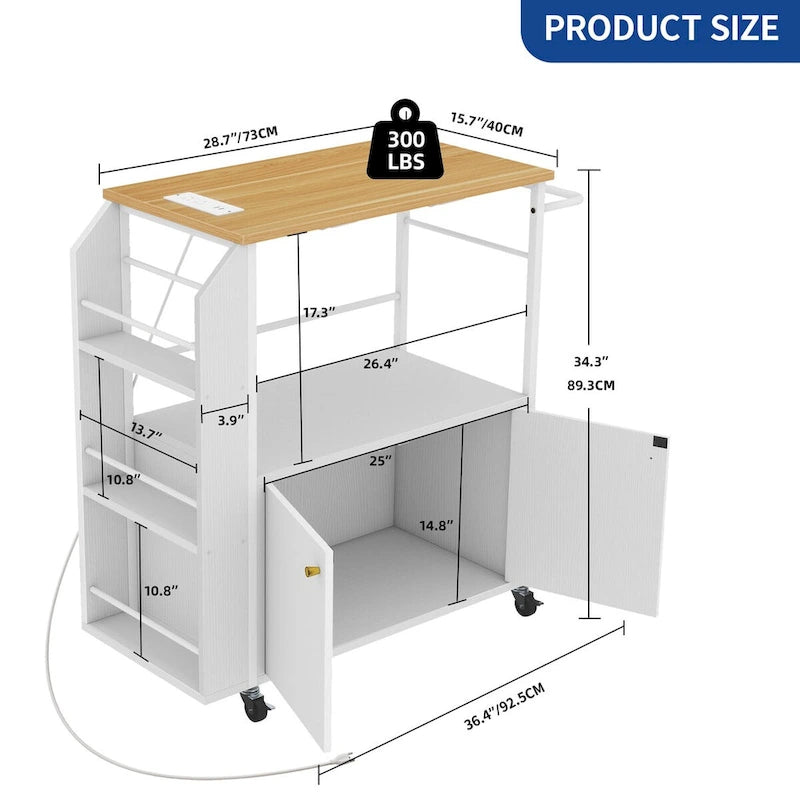 White Rolling Kitchen Cart with Brown Top and Power Outlets