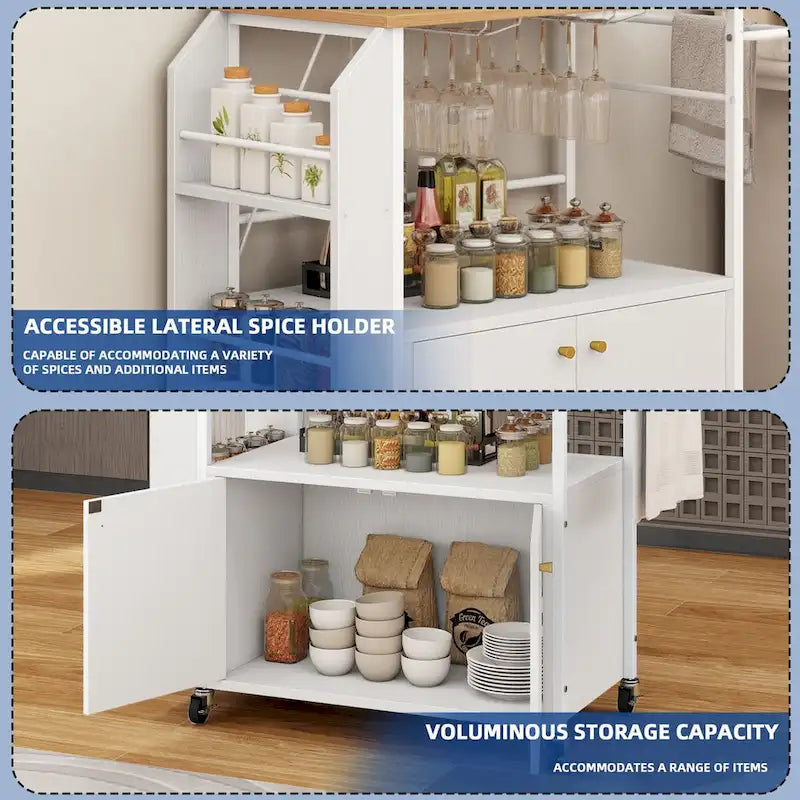 White Rolling Kitchen Cart with Brown Top and Power Outlets