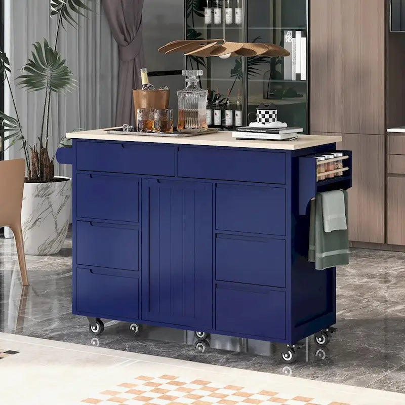 Rolling Kitchen Cart with Rubberwood Worktop and Eight Storage Drawers