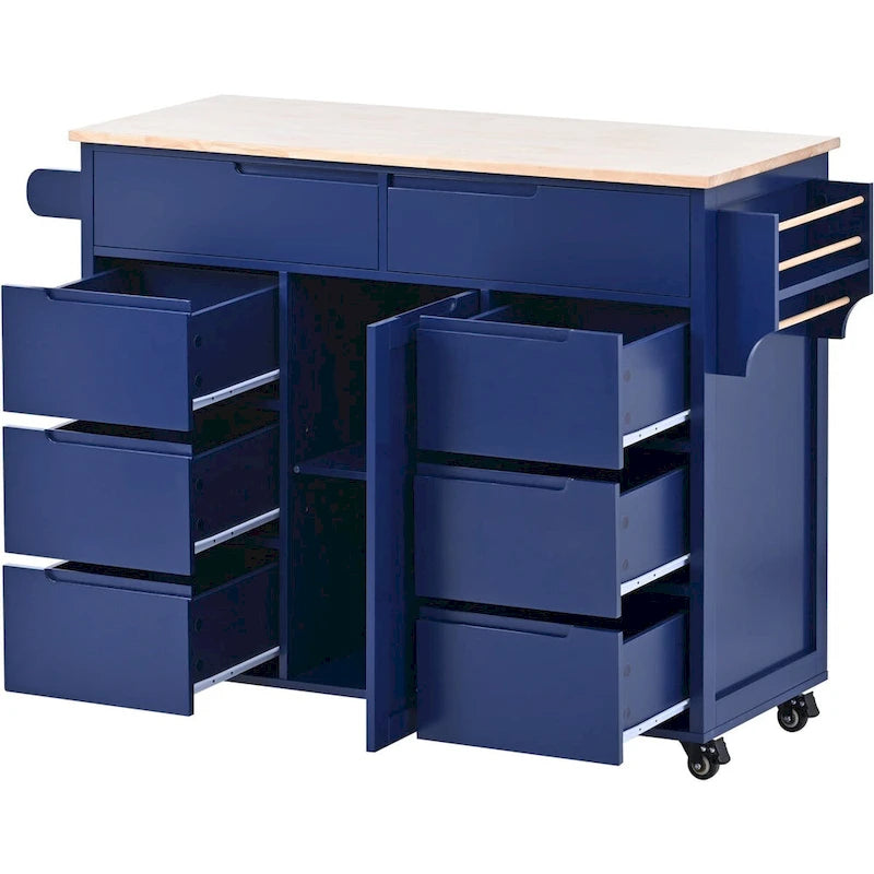 Rolling Kitchen Cart with Rubberwood Worktop and Eight Storage Drawers