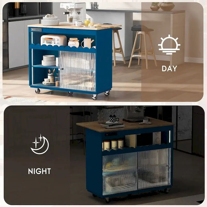 Multifunctionele keukeneilandkar met neerklapbaar blad, ledverlichting en stopcontacten