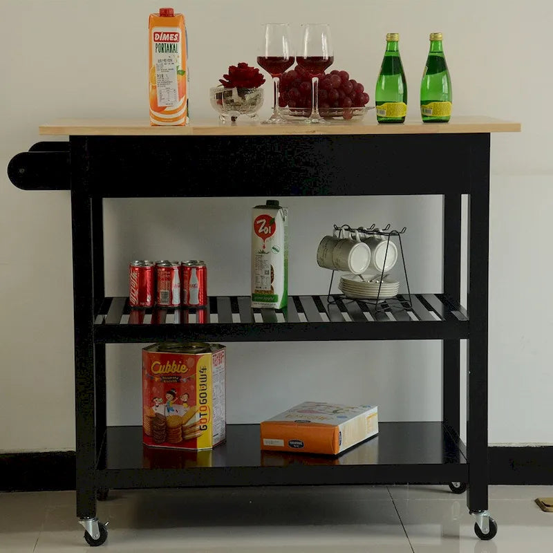 Rolling Kitchen Cart with Rubberwood Top, Drawer and Open Shelves