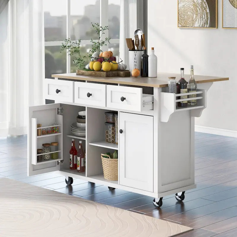 Kitchen Cart with Rubber Wood Drop-Leaf Countertop , Internal Storage Racks