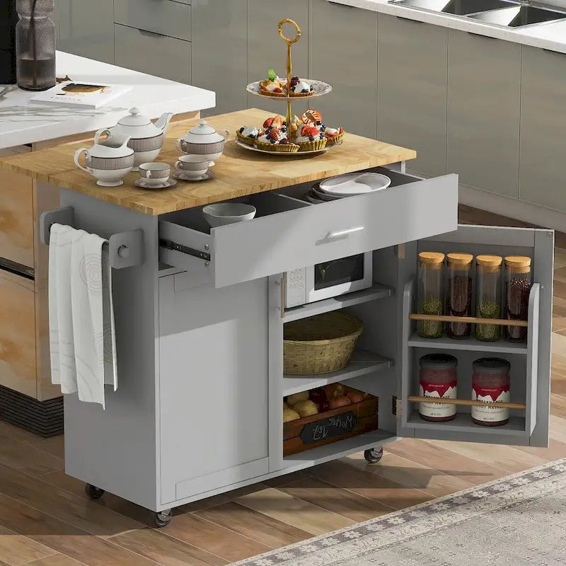 Rolling Kitchen Island with Rubberwood Top and Spacious Storage Drawer