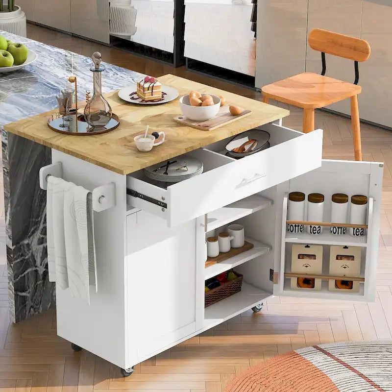 Rolling Kitchen Island with Rubberwood Top and Spacious Storage Drawer
