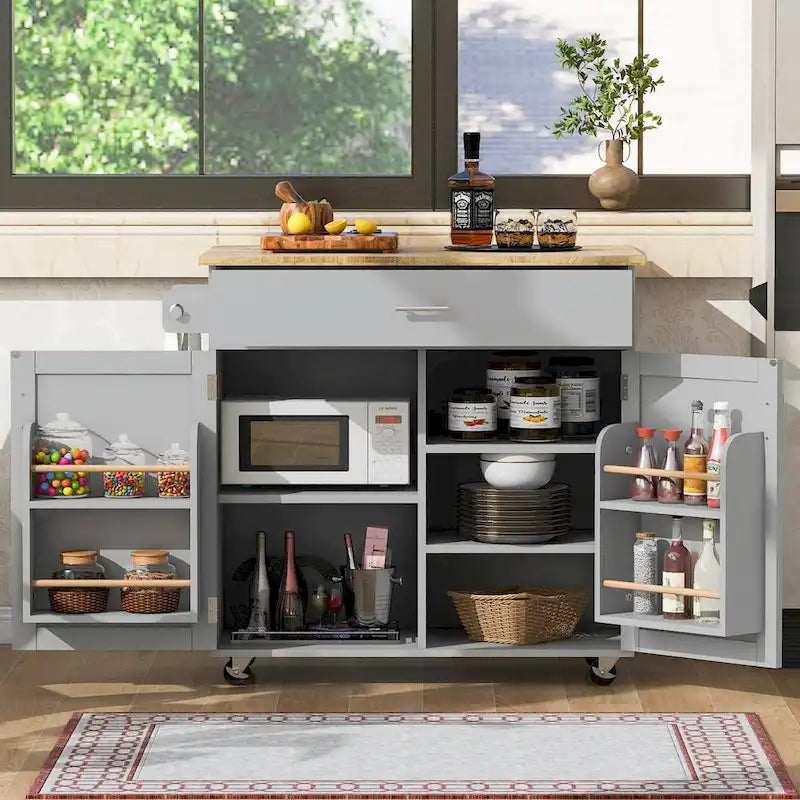 Rolling Kitchen Island with Rubberwood Top and Spacious Storage Drawer