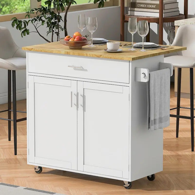 Rolling Kitchen Island with Rubberwood Top and Spacious Storage Drawer