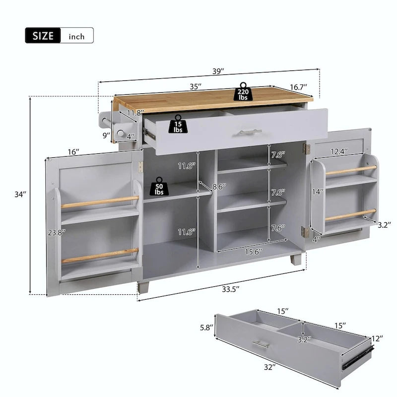 Rolling Kitchen Island with Rubberwood Top and Spacious Storage Drawer