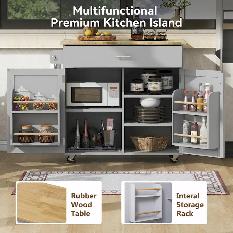 Rolling Kitchen Island with Rubberwood Top and Spacious Storage Drawer