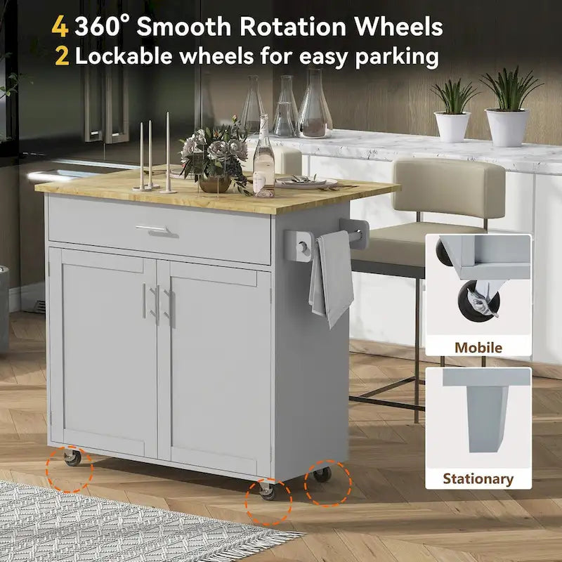 Rolling Kitchen Island with Rubberwood Top and Spacious Storage Drawer