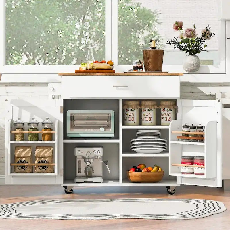 Rolling Kitchen Island with Rubberwood Top and Spacious Storage Drawer