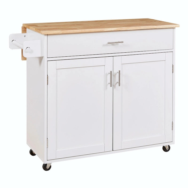 Rolling Kitchen Island with Rubberwood Top and Spacious Storage Drawer