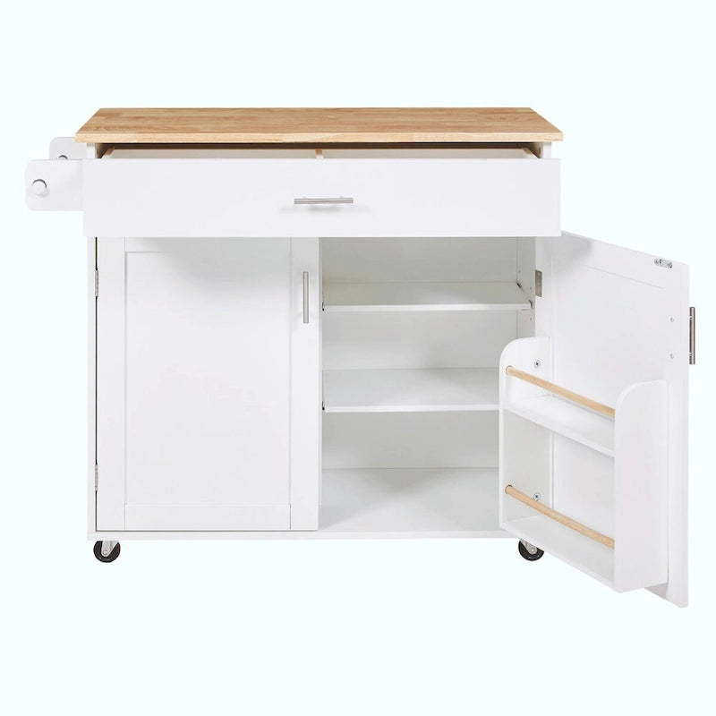 Rolling Kitchen Island with Rubberwood Top and Spacious Storage Drawer