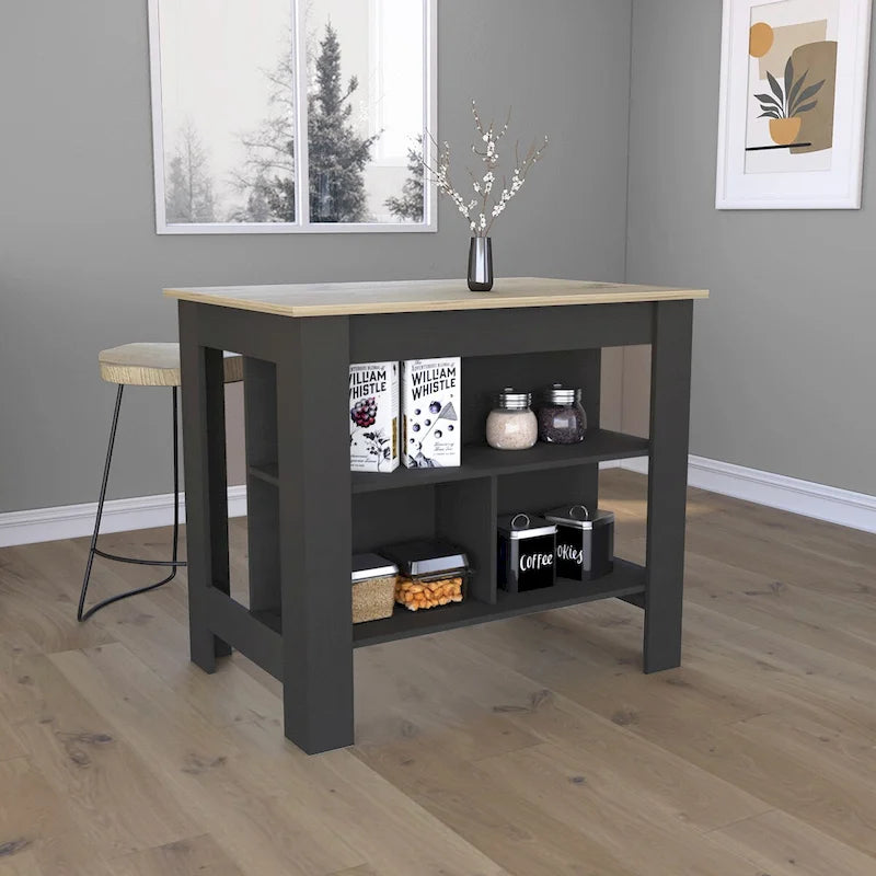 Modern Kitchen Island with Three Open Shelves and Spacious Countertop
