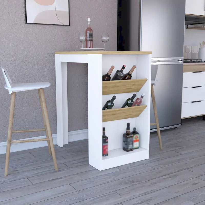 Isla de cocina moderna con tres estantes abiertos y una amplia encimera