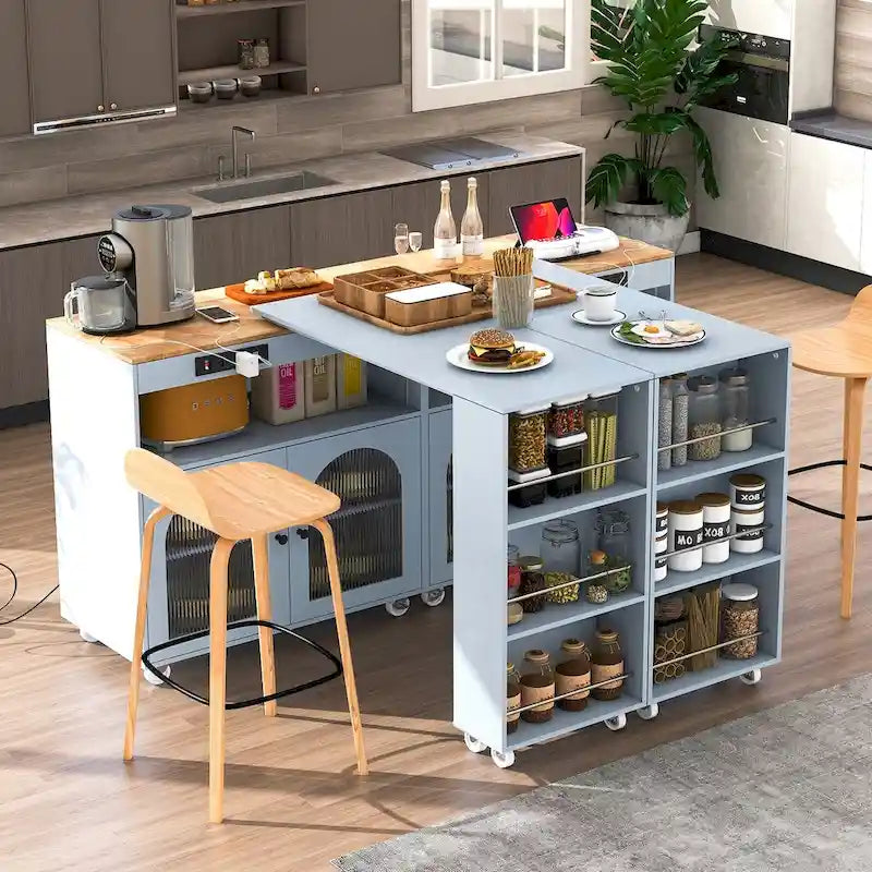 Modern Rolling Kitchen Island with Rubberwood Top and Glass Doors