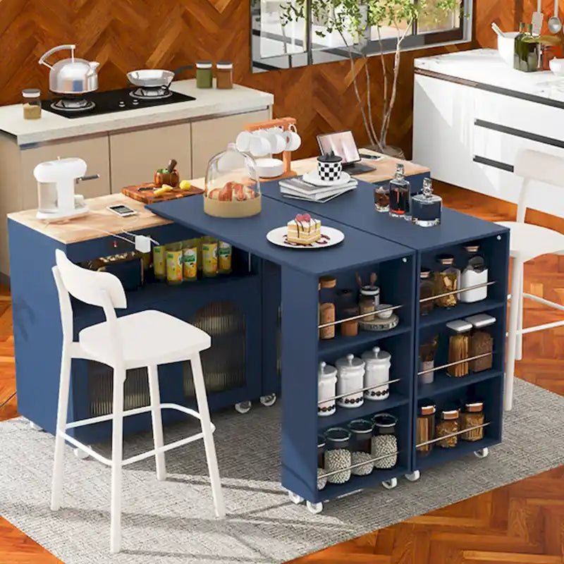 Modern Rolling Kitchen Island with Rubberwood Top and Glass Doors