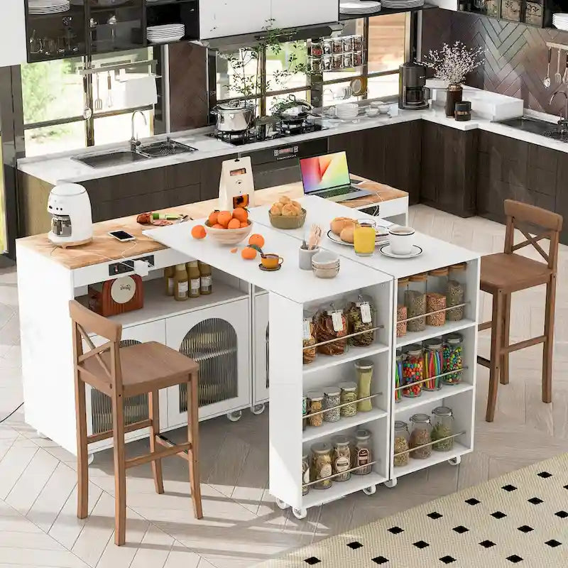 Modern Rolling Kitchen Island with Rubberwood Top and Glass Doors
