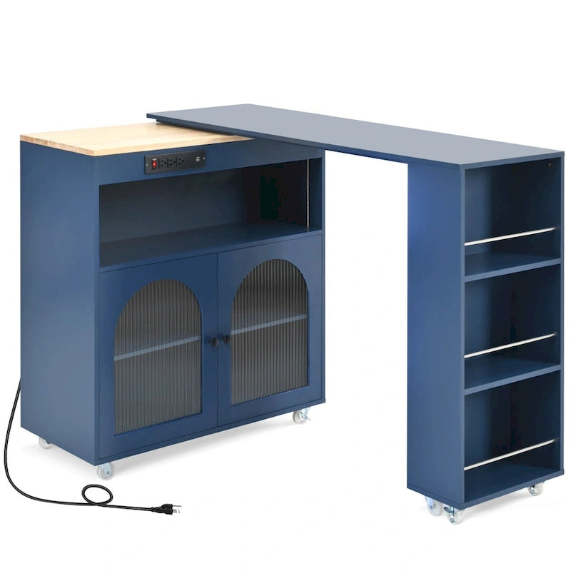 Modern Rolling Kitchen Island with Rubberwood Top and Glass Doors