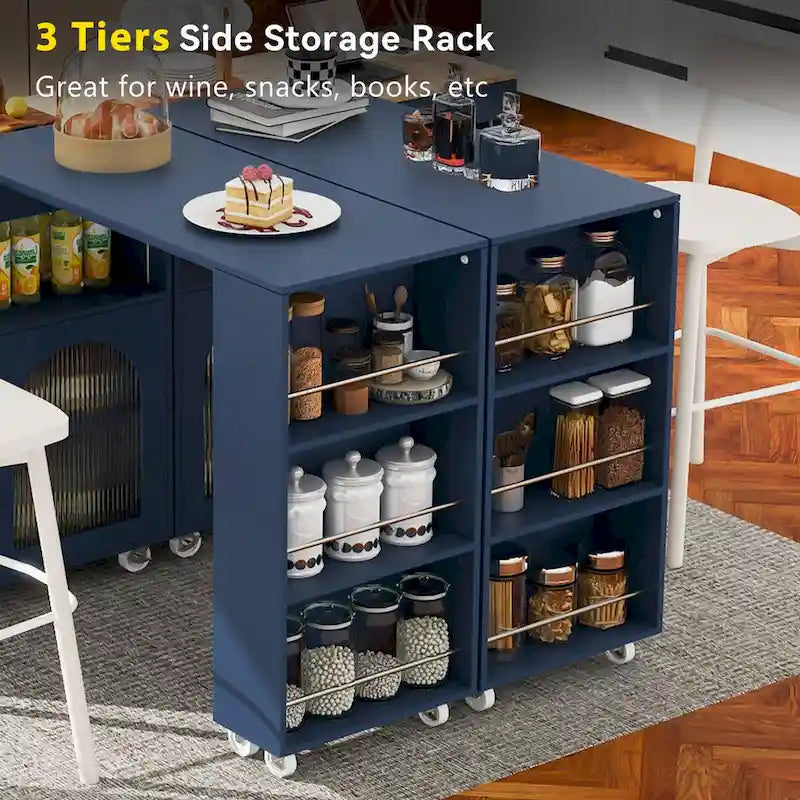 Modern Rolling Kitchen Island with Rubberwood Top and Glass Doors