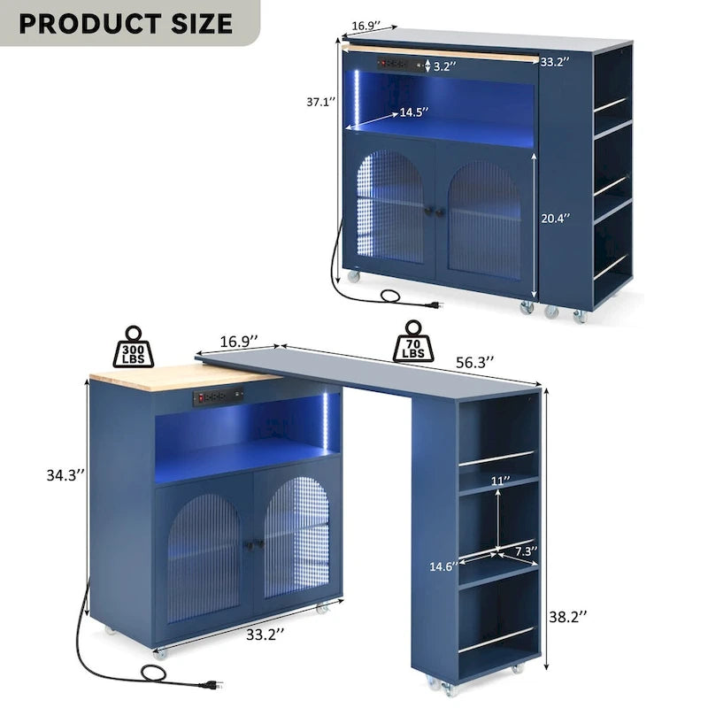 Modern Rolling Kitchen Island with Rubberwood Top and Glass Doors