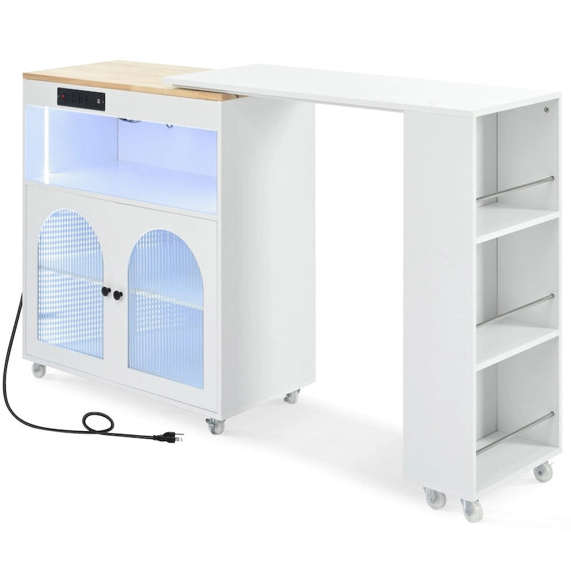 Modern Rolling Kitchen Island with Rubberwood Top and Glass Doors