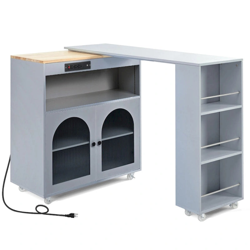 Modern Rolling Kitchen Island with Rubberwood Top and Glass Doors