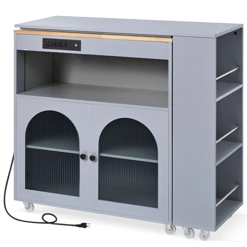 Modern Rolling Kitchen Island with Rubberwood Top and Glass Doors
