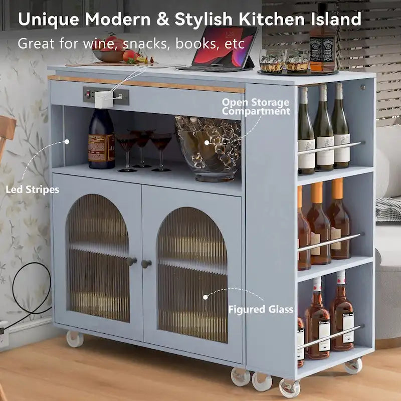 Modern Rolling Kitchen Island with Rubberwood Top and Glass Doors