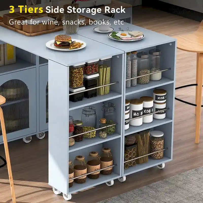 Modern Rolling Kitchen Island with Rubberwood Top and Glass Doors