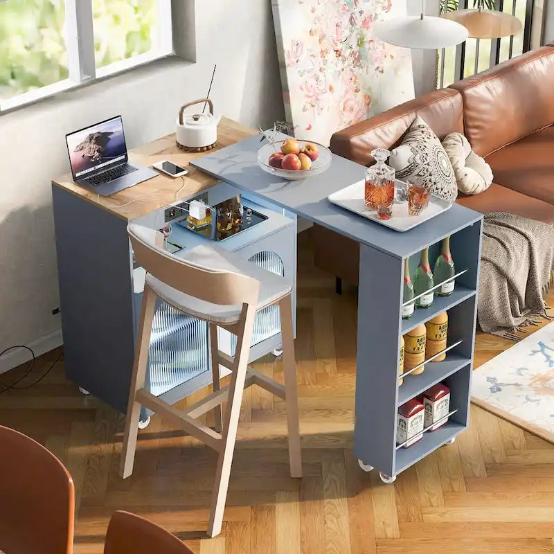 Modern Rolling Kitchen Island with Rubberwood Top and Glass Doors