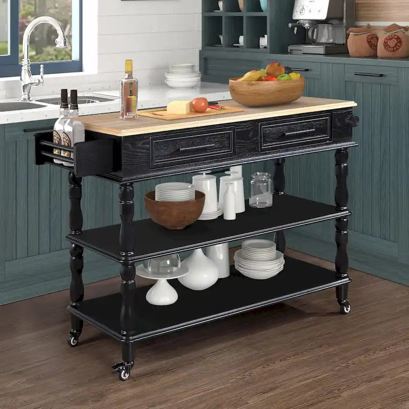 Carrello con rotelle per isola da cucina con piano in legno massello di quercia, portabottiglie e port spezie