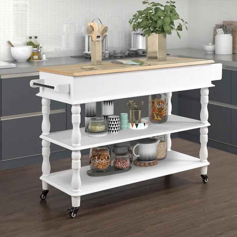 Carrello con rotelle per isola da cucina con piano in legno massello di quercia, portabottiglie e port spezie
