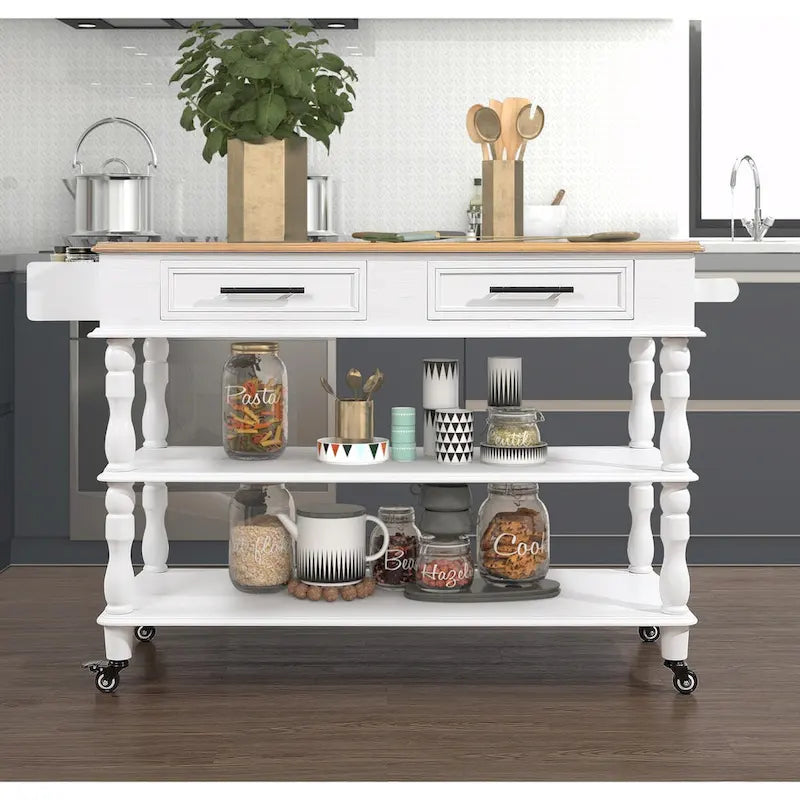 Carrello con rotelle per isola da cucina con piano in legno massello di quercia, portabottiglie e port spezie