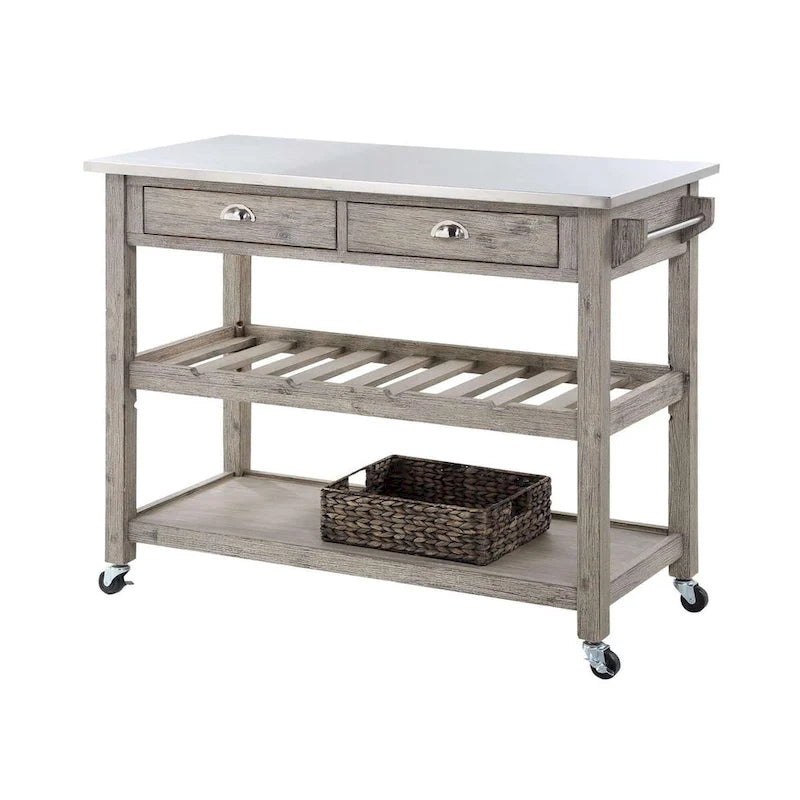 Rustic Grey Rolling Kitchen Cart with Stainless Steel Storage Top