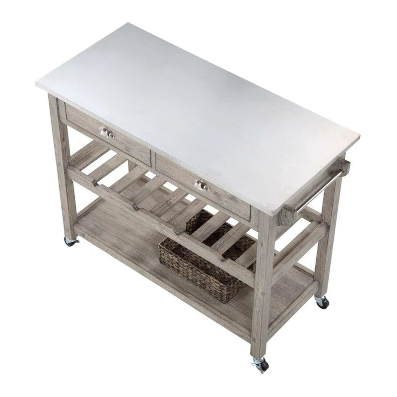 Rustic Grey Rolling Kitchen Cart with Stainless Steel Storage Top