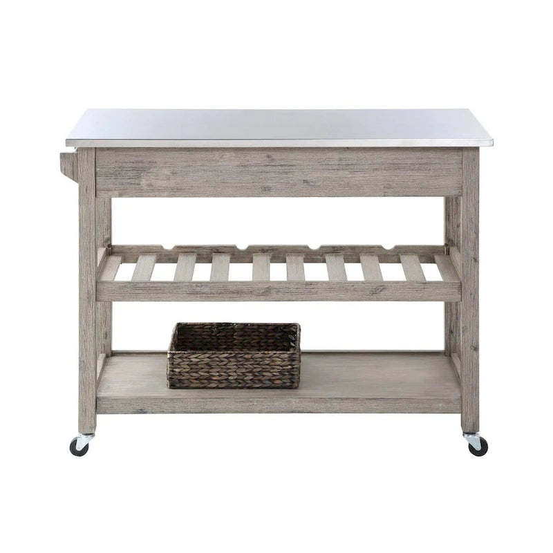 Rustic Grey Rolling Kitchen Cart with Stainless Steel Storage Top