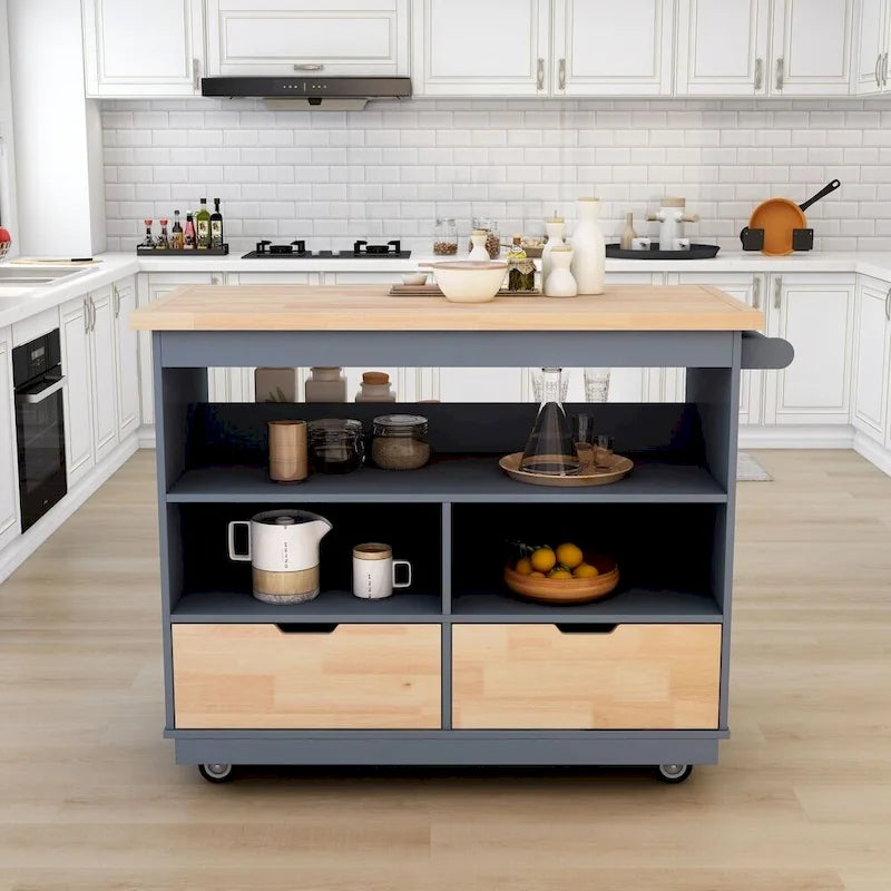 Carrello con rotelle per isola da cucina con piano in legno di hevea e cassetti contenitori