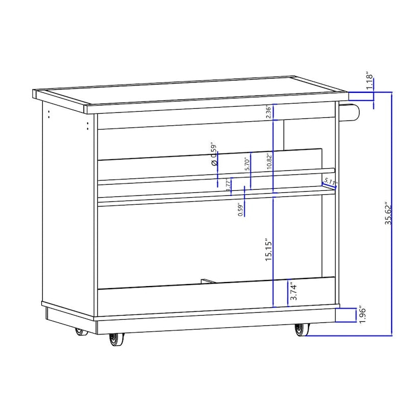 Carrello con rotelle per isola da cucina con piano in legno di hevea e cassetti contenitori