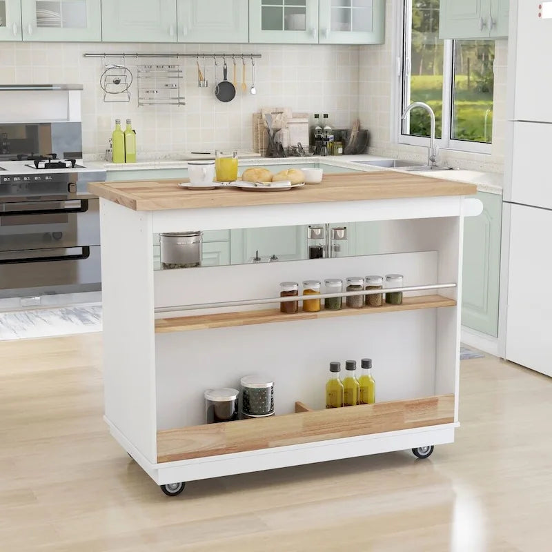 Carrello con rotelle per isola da cucina con piano in legno di hevea e cassetti contenitori
