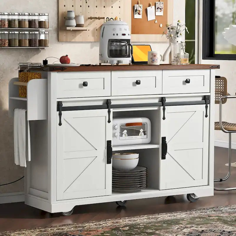 Farmhouse Rolling Kitchen Island with Sliding Barn Doors and Storage