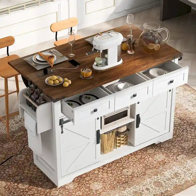 Farmhouse Rolling Kitchen Island with Sliding Barn Doors and Storage