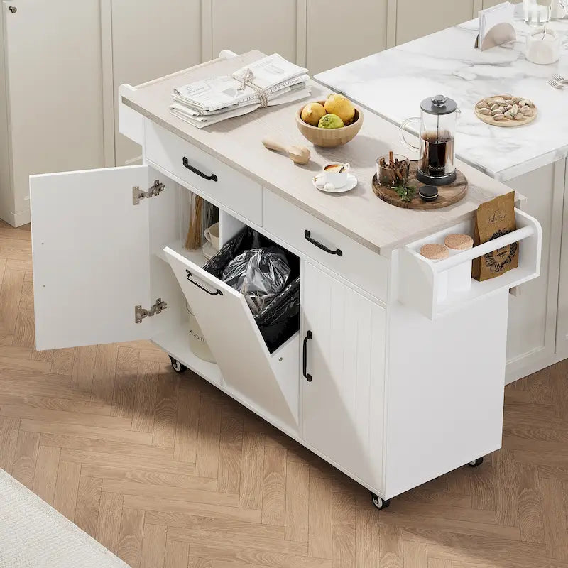 Rolling Kitchen Island with Drop Leaf and Concealed Trash Storage