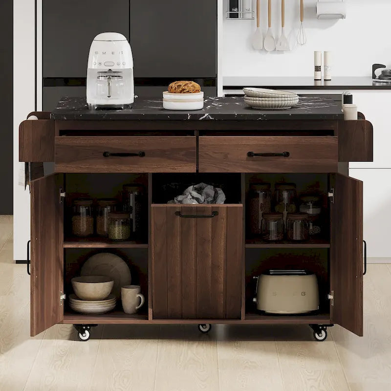 Rolling Kitchen Island with Drop Leaf and Concealed Trash Storage