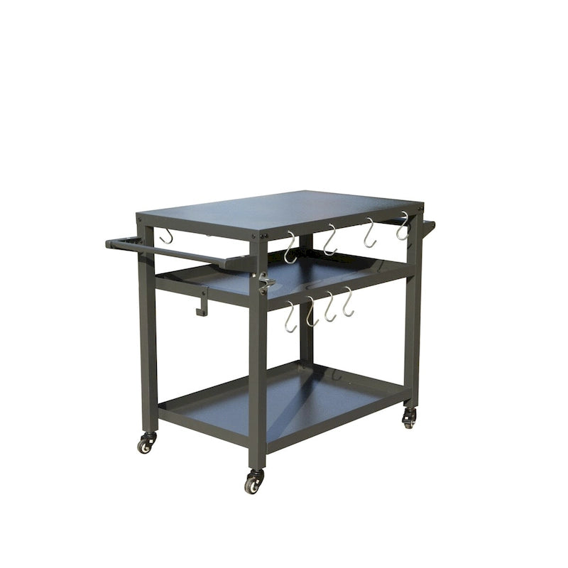 Grey Metal Outdoor Grill Prep Cart with Shelves and Hooks