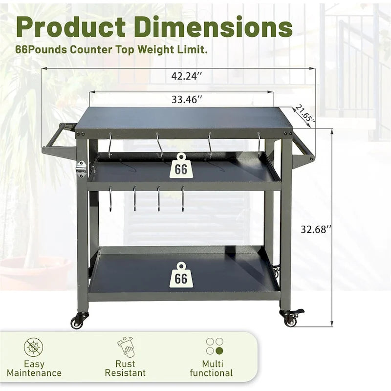 Grey Metal Outdoor Grill Prep Cart with Shelves and Hooks