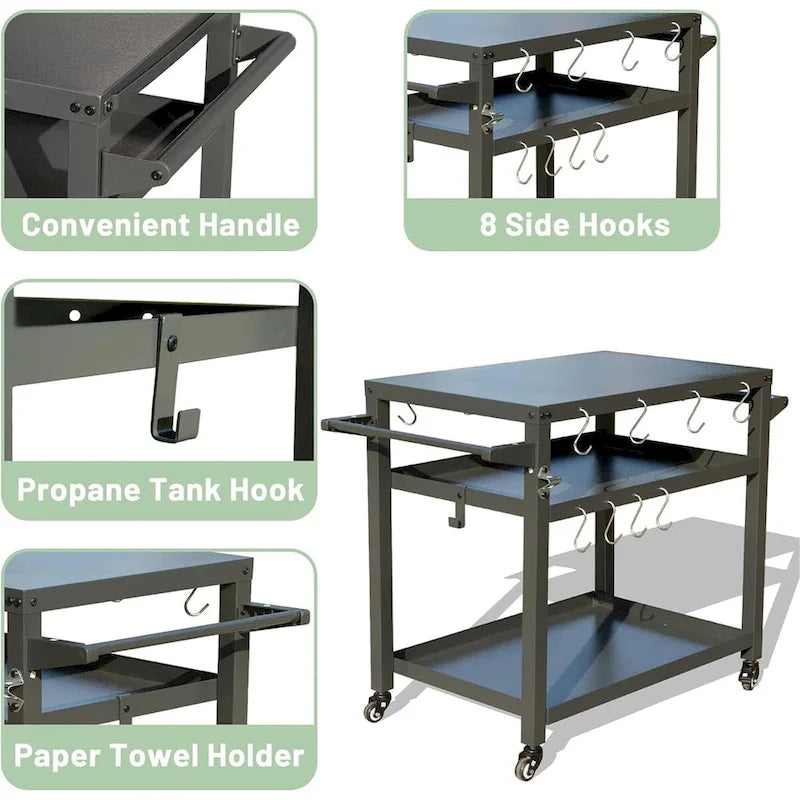 Grey Metal Outdoor Grill Prep Cart with Shelves and Hooks