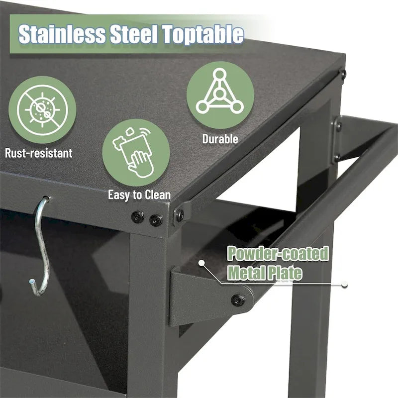 Grey Metal Outdoor Grill Prep Cart with Shelves and Hooks