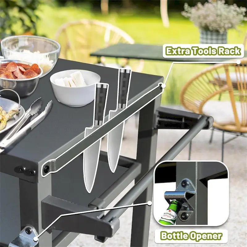 Grey Metal Outdoor Grill Prep Cart with Shelves and Hooks