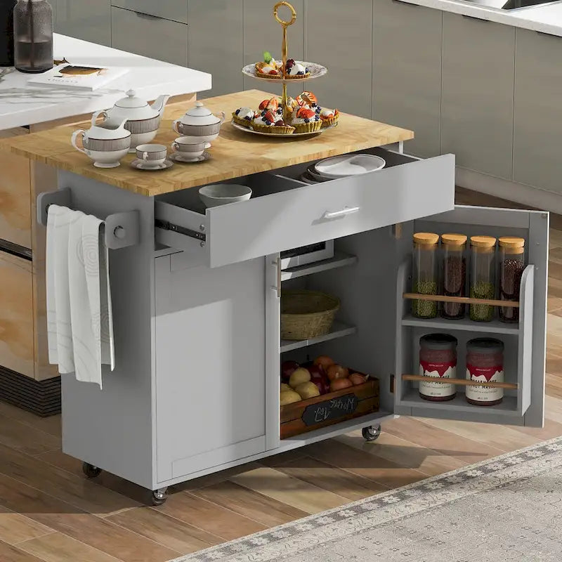 Rolling Kitchen Island Cart with Rubberwood Drop-Leaf Top and Storage